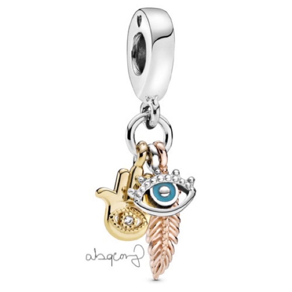 EUC Pandora 768785C01 Silver/Gold/Rose Hamsa Hand, Eye & Feather Dangle Charm